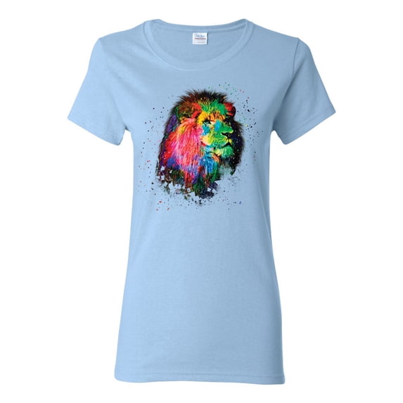 Lion Paint Art Splatter Abstract Art Animal Lover Womens Graphic T-Shirt, Light Blue, Small