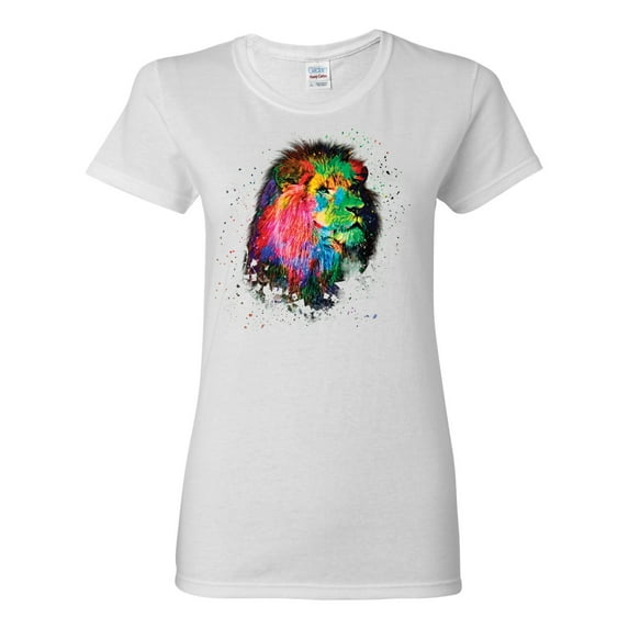 Lion Paint Art Splatter Abstract Art Animal Lover Womens Graphic T-Shirt, White, Large