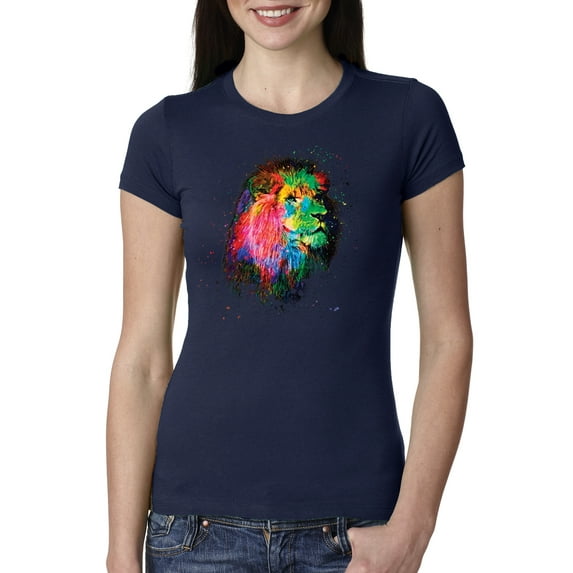 Lion Paint Art Splatter Abstract Art Animal Lover Womens Slim Fit Junior Tee, Navy, X-Large