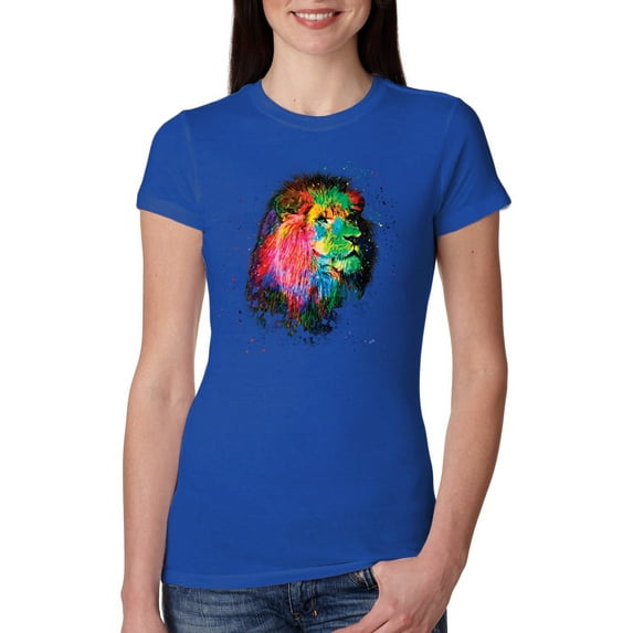 Lion Paint Art Splatter Abstract Art Animal Lover Womens Slim Fit Junior Tee, Royal, Medium