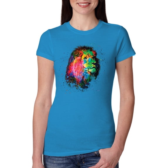 Lion Paint Art Splatter Abstract Art Animal Lover Womens Slim Fit Junior Tee, Turquoise, Large