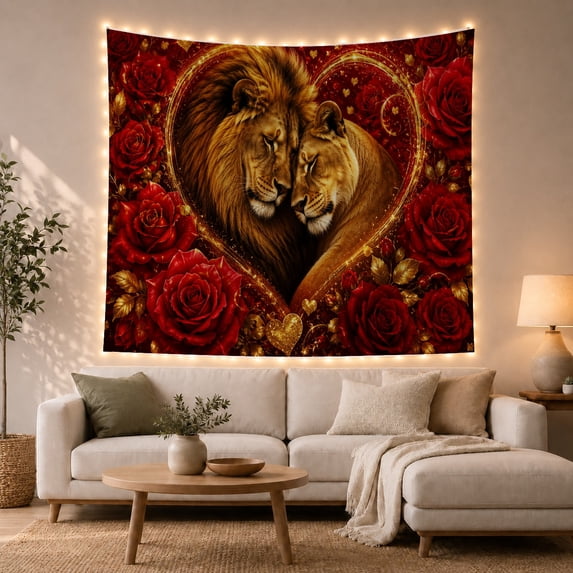 Lion Pair in a Gold Heart Among Roses, Romantic Digital Art for Animal Lovers, Love Inspired Decor, Valentine'S Day Gift, Tapestry Wall Hanging for Bedroom and Living Room