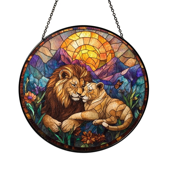 Lion Pair Window Glass Suncatcher Ornament, Elegant Animal Light Catcher Hanging for Living Room Decor