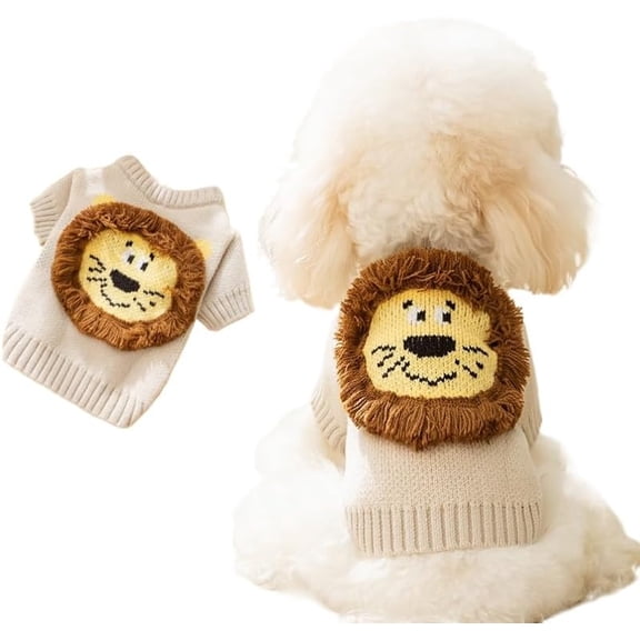 Lion Pattern Knitted Pet Sweater Fall Winter Warm Pullover Soft Breathable Cold Weather Outfit for Small Medium Dog Cat Puppy Daily Wear M