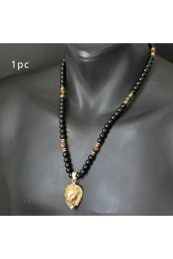 Lion Pendant Necklace - Natural Tiger Eye & Black Onyx Beads, Adjustable - Spiritual Protection Jewelry for Men,Black-