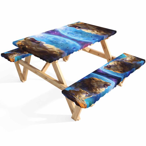 Lion Picnic Table Cover with Bench Covers Watercolor Roaring Lion Fantasy Universe Planet Forest Tree Waterproof Fitted Picnic Tablecloth 3 Pieces Set Table Cloth for Outdoor Camping Garden BBQ