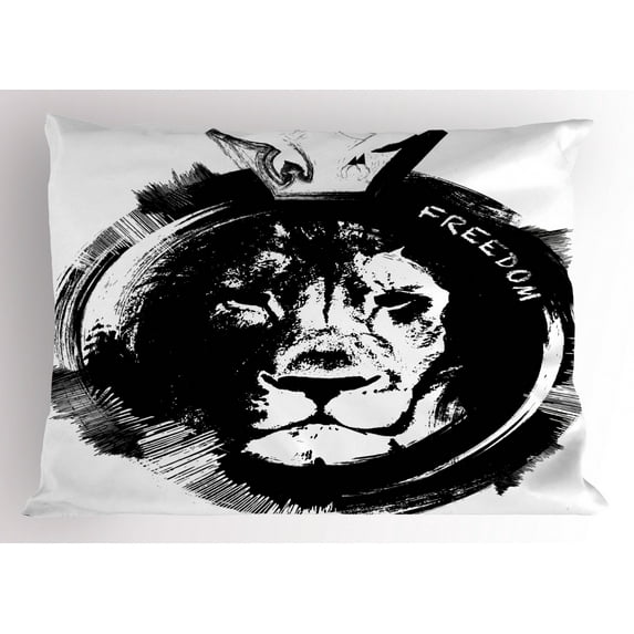 Lion Pillow Sham King of the Forest Lion Head Portrait Freedom Sketchy Monochrome Wild Animal, Decorative Standard Queen Size Printed Pillowcase, 30 X 20 Inches, Black and White, by Ambesonne