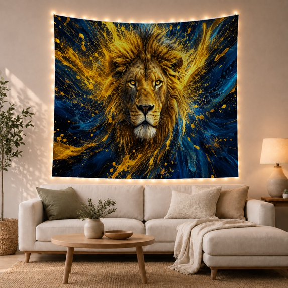 Lion Portrait Against Blue and Gold Paint Splashes, Dramatic Abstract for Wildlife Fans, Animal Art Decor, New Year Gift, Tapestry Wall Hanging for Living Room and Bedroom