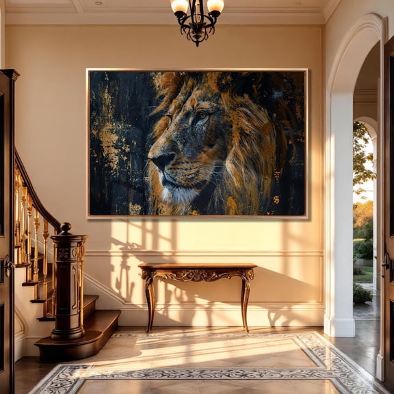 Lion Portrait Poster Gold Paint Effect, Wild Animal Wall Art, 16x24 UNFRAMED