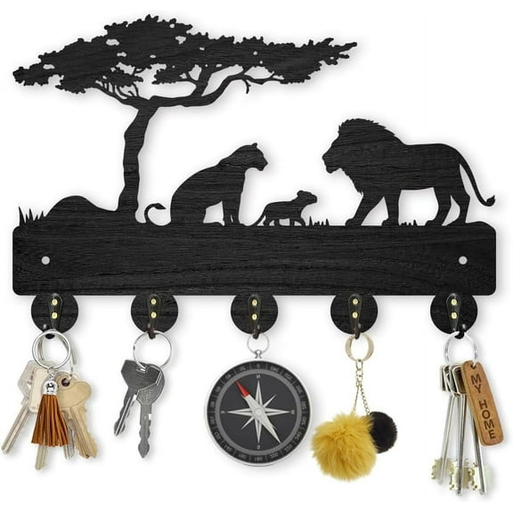 Lion Prairie Tree Wooden Key Hooks Wall Mounted 11.8x7.9inch 5 Alloy Hooks Family Key Hanger Wildlife Animal Wall Art Decor Gift for DIY