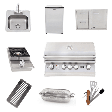 Lion Premium Outdoor Grill Kitchen Package #1 | 32" Natural Gas Grill Set | Single Side Burner, Door/Drawer Combo, Mini Fridge, Bar Sink, Rotisserie Basket & More!