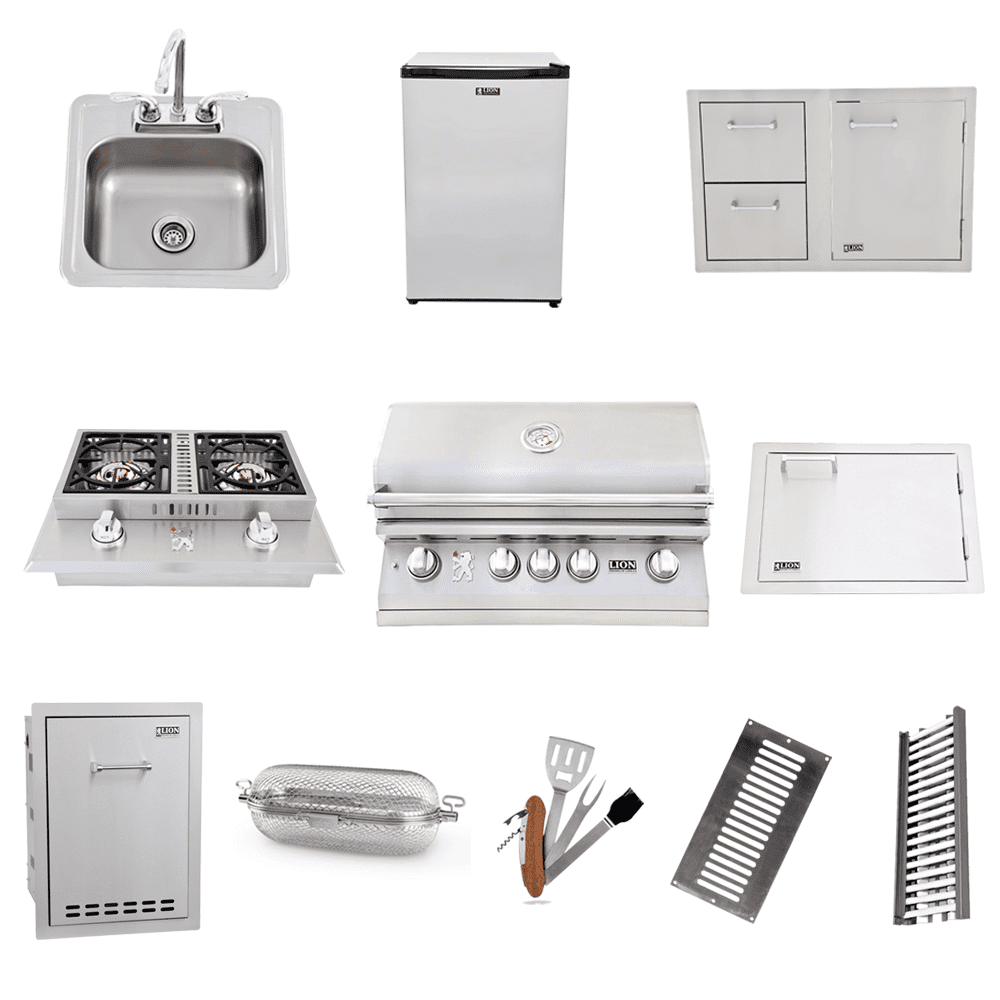 Lion Premium Outdoor Grill Kitchen Package8 32" Propane Grill Set Double Side Burner, Door