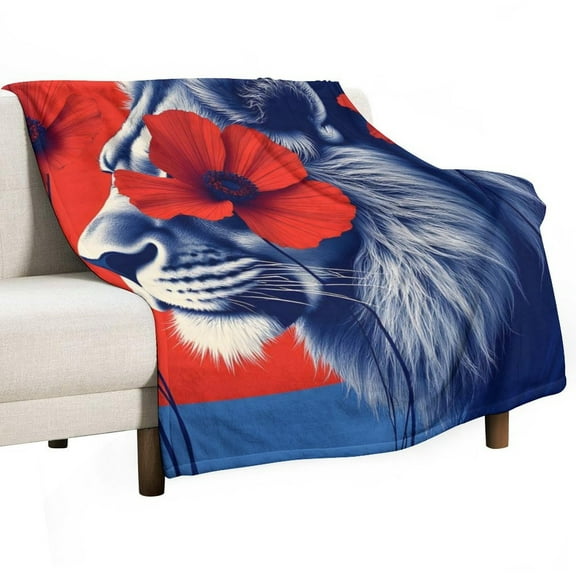Lion Print Flannel Blanket Novelty Pattern Nap Blanket Sofa Room Office Soft Throw Blanket Outdoor Camping Warm Blanket