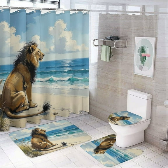 Lion Print Shower Curtain Set 4-Set Bathroom Decor Set Jungle Animal Theme Includes U-Mat ,Toilet Cover Mat ,Floor Mat ,Shower Curtain with 12 Hooks,72inx72in