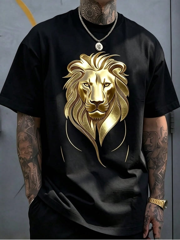 Lion Print T-Shirt, Plus Size Men's T-Shirt, Simple Graphic T-Shirt, Casual And Versatile