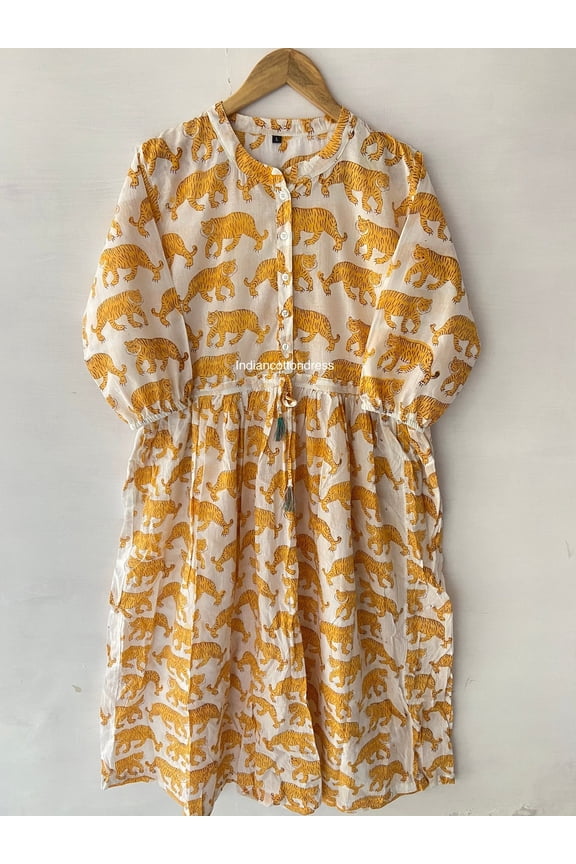 Lion Printed Dress, Handblock Dress, Block Print Dress, Cotton Dress, Handmade Cotton Dress, Leopard Print Dress