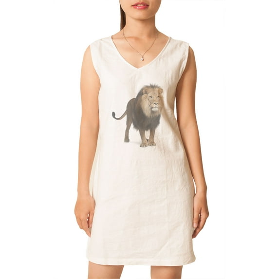 Lion Printed Vintage Cotton V-neck Linen Mini Shift Dress WDS_02 16