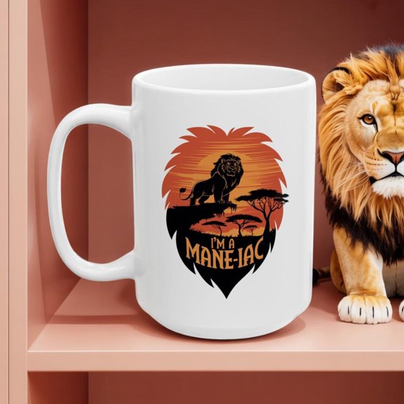 Lion Pun Ceramic Mug: I'm a Mane-iac""