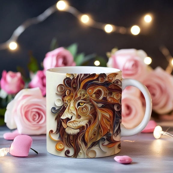 Lion Quilled-Look Ceramic Mug, Wildlife Animal Design, Safari Theme Tea Mug