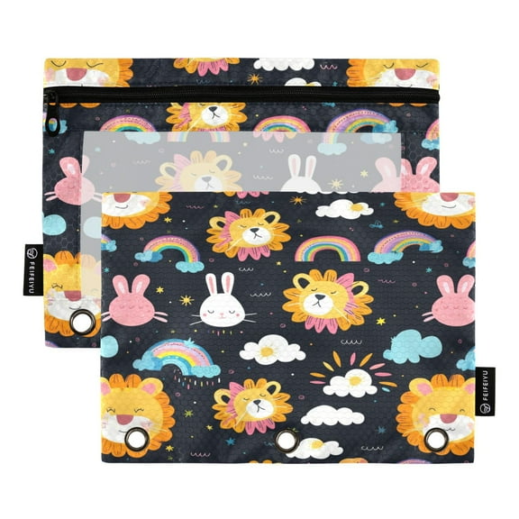 Lion Rabbit Faces 2 Pack Pencil Pouch for 3 Ring Binder Smooth Zipper Folders with Pockets Clear Window Pencil Case
