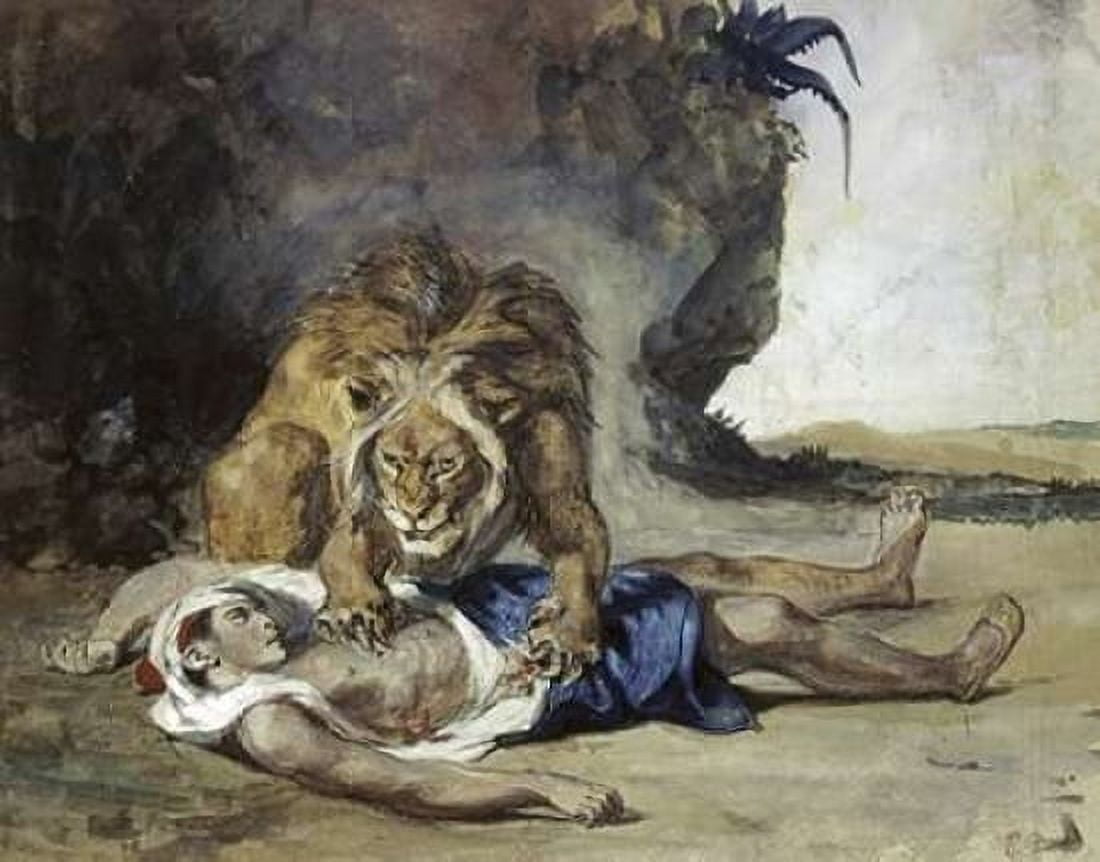 Lion Rending Apart a Corpse Canvas Art - Eugene Delacroix (22 x 28)
