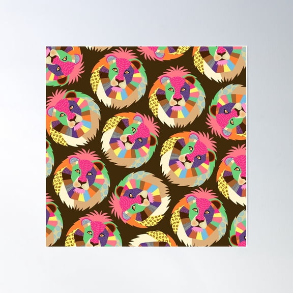 Lion Repeating Face Surface Background Pattern Poster Wall Art, Modern Wall Decor For Living Room Bedroom, 17x17 UNFRAMED