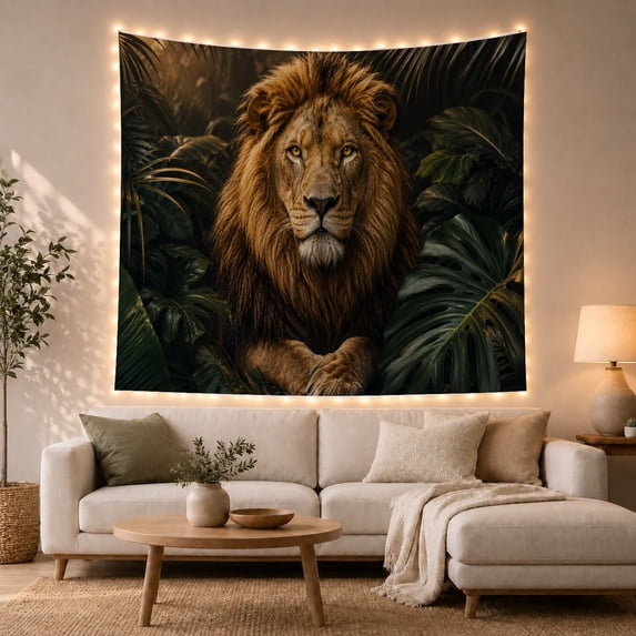 Lion Resting Among Deep Green Jungle Leaves, Dramatic Rustic Style for Wildlife Lovers, Wildlife Wall Art, Housewarming Gift, Tapestry Wall Hanging for Bedroom and Living Room