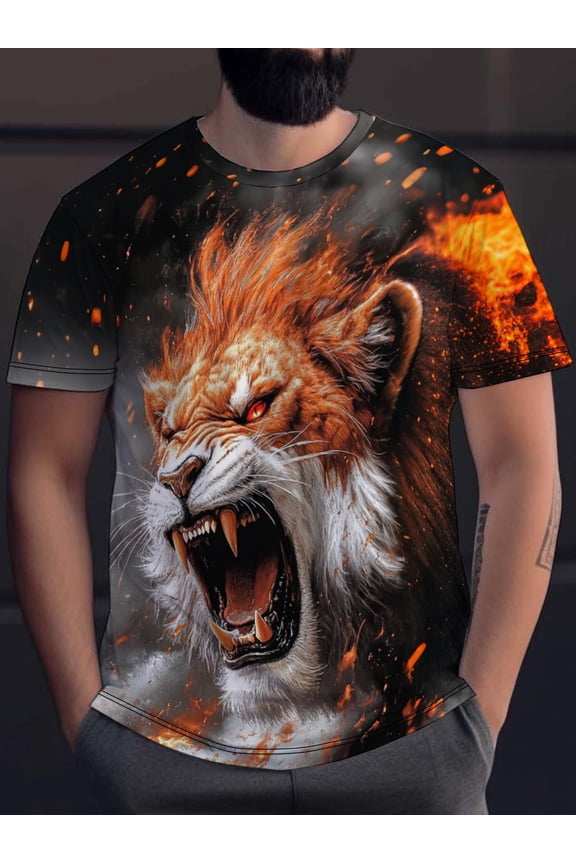 Lion Roar Men's Lion Face T-Shirt - Full Body Printed Short Sleeve Shirt, Casual Crew Neck T-Shirt, Party, Casual Theme Event Machine Washable