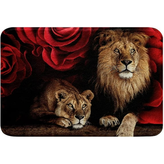 Lion Rose Bathroom Rugs, Animal Floral Print Area Rug 18"x30" Modern Brown Lion Door Mat Fleece Fabric, Nature Wildlife Theme Design Shower Mat Desk Mat, TPR Washable