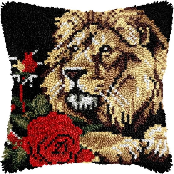 Lion & Rose Latch Hook Kits Pillow DIY Rug Crochet Hook Cushion Making Kits Printed Pattern Canvas Pillowcase Hooking Kits Pillow Cover Crochet Kits 43x43cm(fs236)
