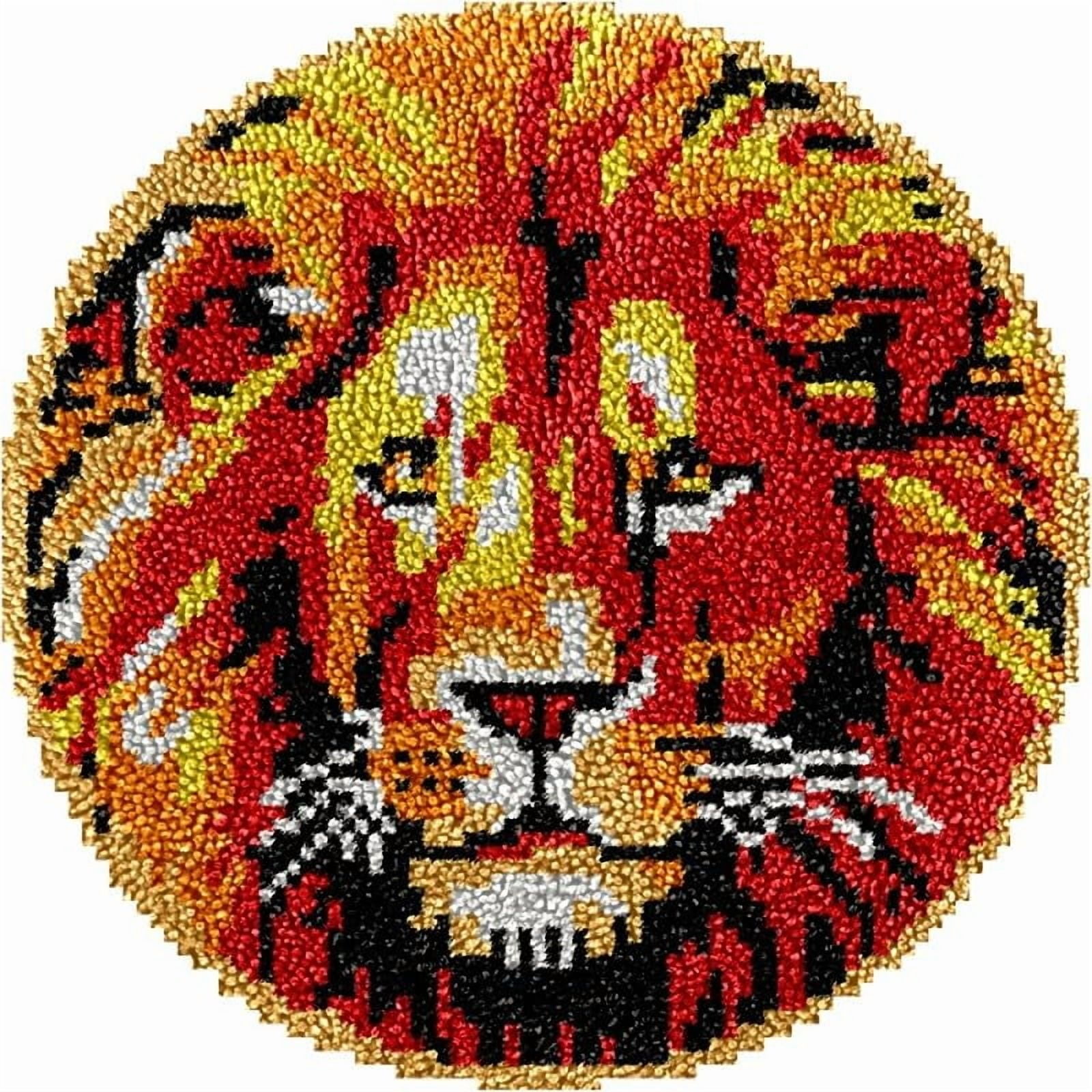 Lion Round Shape Latch Hook Rug Kits Set for Starter Crochet Hook Cushion Mat Sofa Seat Cushion Crocheting Kits with Preprinted Canvas Crochet Yarn Kits 50X50cm (ui12)