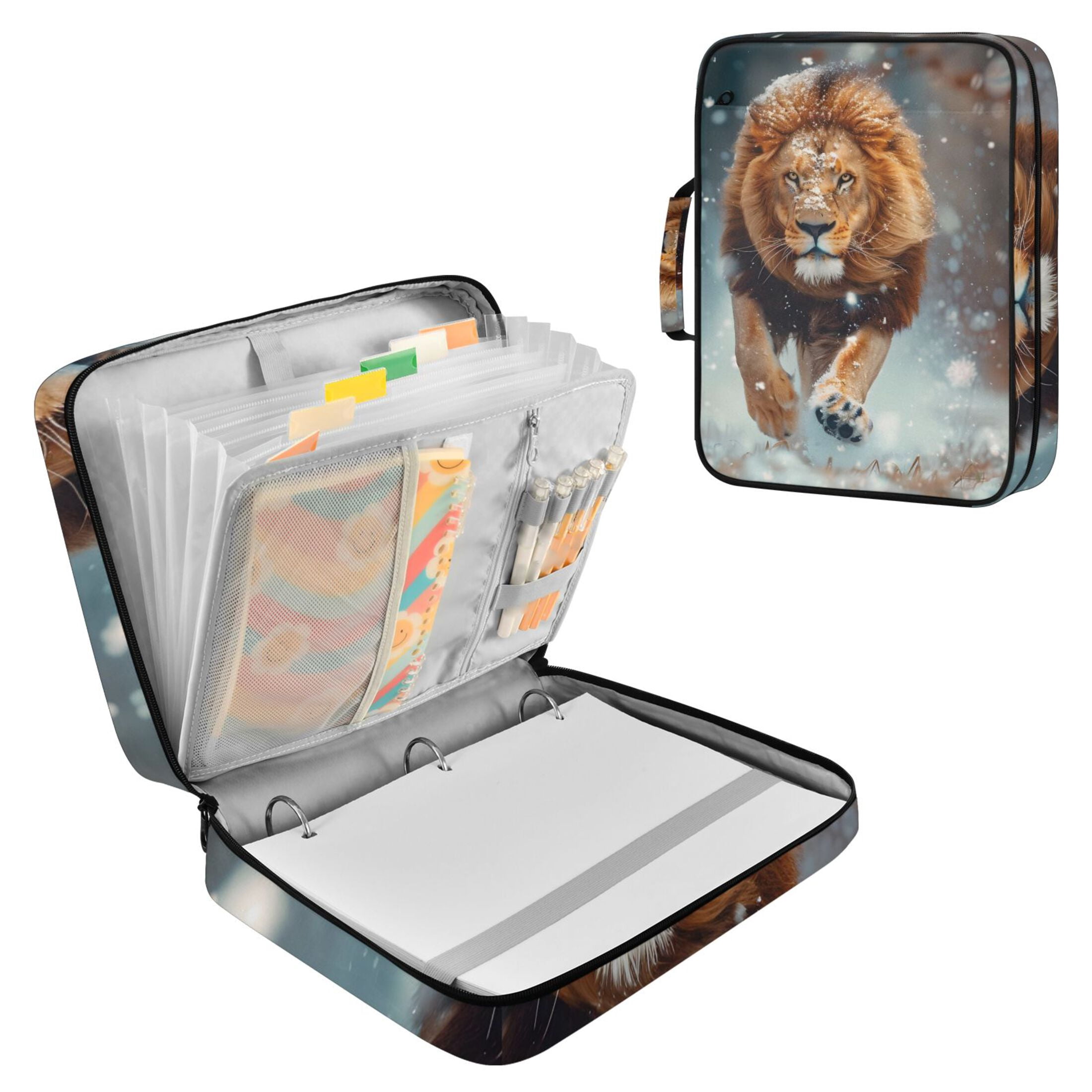 Lion Running on The Snowfield Accordion File Organizer Expanding File Folder 3-Ring Binder Bag 500 Sheets A4 Size