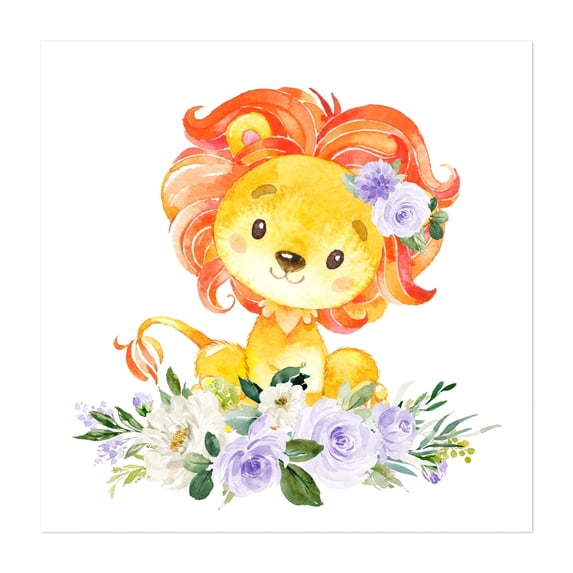 Lion, Safari Animals, Jungle Animals, Purple Flowers, Gender Neutral Nursery - Illustration Animal Watercolor Floral Whimsical Flowers Unframed Wall Art Print 20 x 20 inches