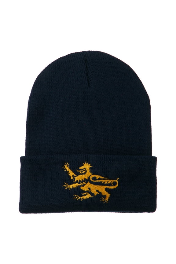 Lion Scroll Embroidered Long Beanie - Navy OSFM