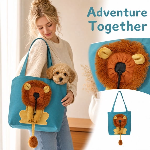 Lion Shaped Pet Carrier Tote Bag, 17.32 x 15.75 Inch Canvas Shoulder Bag with Head Hole and Adjustable Drawstring, Portable Pet Carrier for Small Dogs and Cats