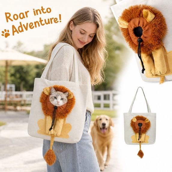 Lion Shaped Pet Carrier Tote Bag, 17.32 x 15.75 Inch Canvas Shoulder Bag with Head Hole and Adjustable Drawstring, Portable Pet Carrier for Small Dogs and Cats
