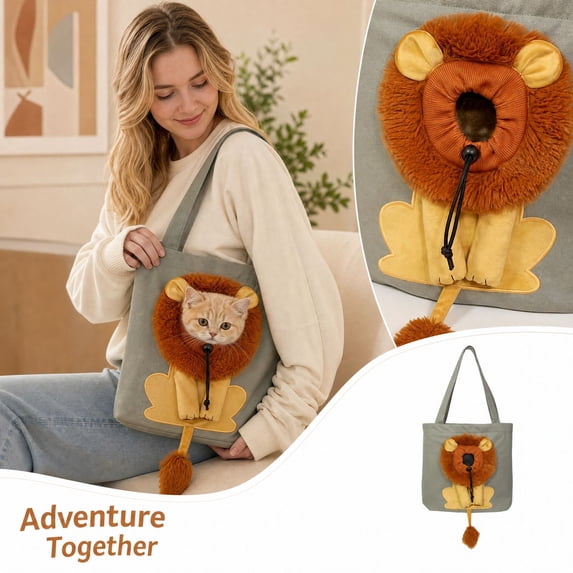 Lion Shaped Pet Carrier Tote Bag, 17.32 x 15.75 Inch Canvas Shoulder Bag with Head Hole and Adjustable Drawstring, Portable Pet Carrier for Small Dogs and Cats