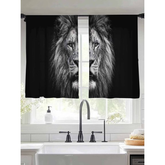 Lion Sheer Curtains 45 inches Long, Modern Minimalist Black White Powerful Wild Animal Lion Head Light Filtering Sheer Window Curtains Rod Pocket Voile Drapes for Bedroom Living Room, 2 Panels