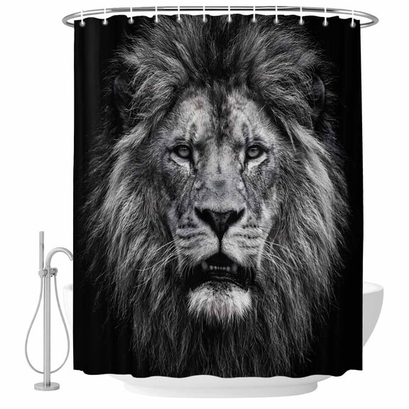 Lion Shower Curtain for Bathroom, Modern Minimalist Black White Powerful Wild Animal Lion Head Waterproof Cloth Fabric Bathroom Accessories Set with 12 Rust Proof Plastic Hooks, 72"x96"