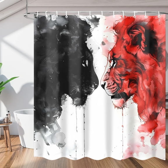 Lion Shower Curtain Sets, Abstract Wildlife Lion Washable Polyester Bath Curtain for Bathroom Decor with Hooks 36"W x 72"H