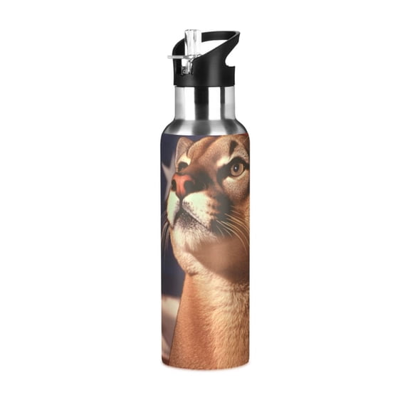 Lion Sit Front Of Flag Sports Bottle with Straw Stainless Steel Water Jug Portable Thermal Cup Leak-proof 600ML