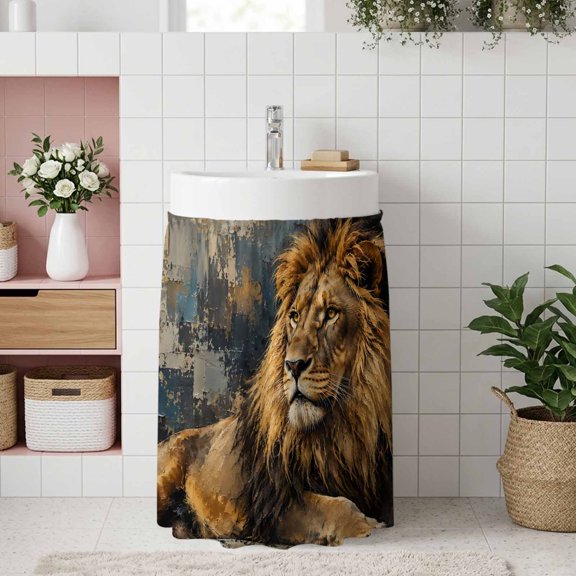Lion Small Sink Skirt, Bathroom Vanity Cabinet Adhesive Curtain, Majestic Paw Wildlife Mottled Oil Painting Utility Under Sink Cover Decorative Kitchen Cabinet Curtains 10"x11"