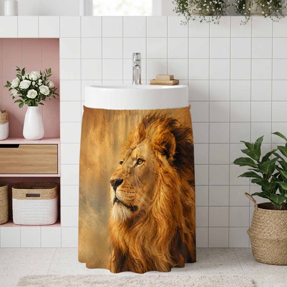 Lion Small Sink Skirt, Bathroom Vanity Cabinet Adhesive Curtain, Wild Tropical Wildlife Majestic Jungle King Utility Under Sink Cover Decorative Kitchen Cabinet Curtains 10"x11"