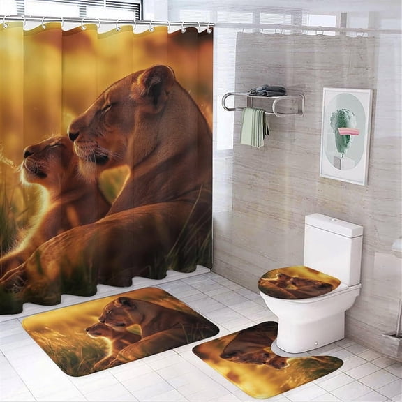 Lion Snuggle 4 Pcs Bathroom Shower Curtain Set,Bathroom Sets with Rugs (Bath Mat,U Shape and Toilet Lid Cover Mat), Bathroom Decor Set