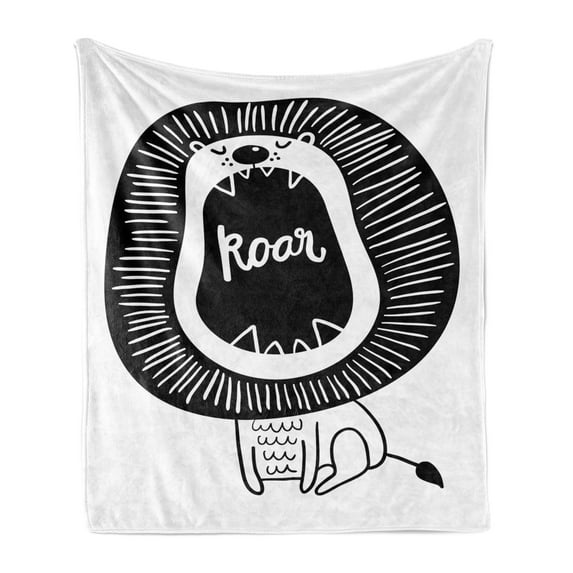 Lion Soft Flannel Fleece Blanket, Animalistic Background Layout with the Roar Joined Handwriting Majestic Mane with Strokes, Cozy Plush for Indoor and Outdoor Use, 50" x 60", Black, by Ambesonne