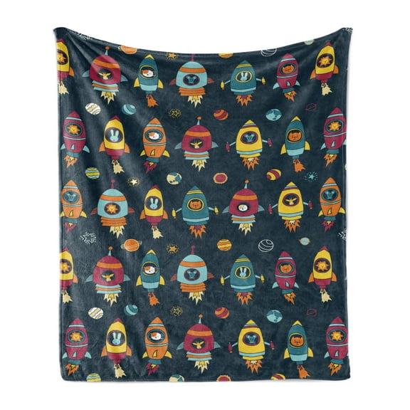 Lion Soft Flannel Fleece Blanket, Space Animals on Blue Background Planets Stars Mouse Cat Giraffe Dog in Rocket Ships, Cozy Plush for Indoor and Outdoor Use, 50" x 70", Multicolor, by Ambesonne