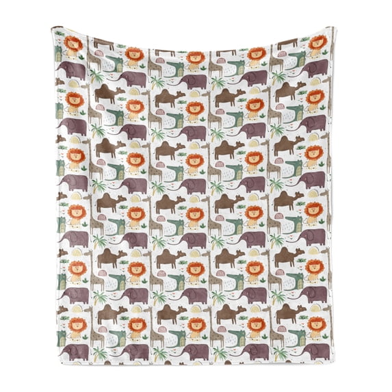 Lion Soft Flannel Fleece Throw Blanket, Funny Wildlife Illustrations in Cartoon with Strokes Polka Dots Leaves Jungle Life, Cozy Plush for Indoor and Outdoor Use, 70" x 90", Multicolor, by Ambesonne