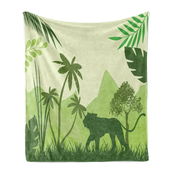 Lion Soft Flannel Fleece Throw Blanket, Green Animal Silhouette with Wild Jungle Trees Savannah Flora and Fauna, Cozy Plush for Indoor and Outdoor Use, 50" x 60", Green Pale Green, by Ambesonne