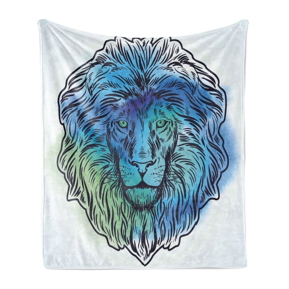Lion Soft Flannel Fleece Throw Blanket, Lion Portrait with Digital Hazy Effect King of Forest Illustration, Cozy Plush for Indoor and Outdoor Use, 50" x 70", Pale Blue Turquoise, by Ambesonne