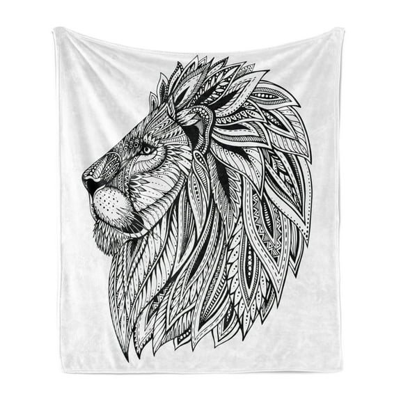 Lion Soft Flannel Fleece Throw Blanket, Wilderness Savannah Animal with Boho Mane Made from Leaves Illustration, Cozy Plush for Indoor and Outdoor Use, 50" x 70", Black and White, by Ambesonne